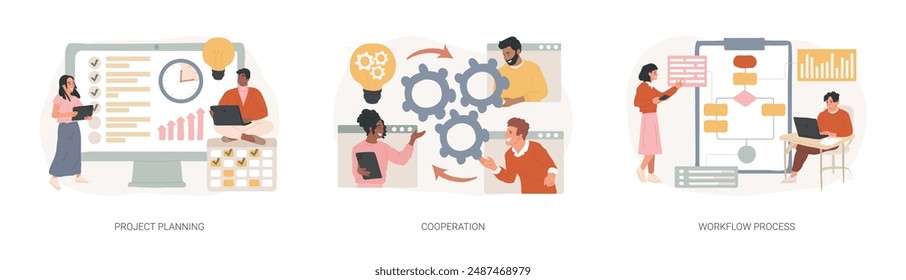 Business process isolated concept vector illustration set. Project planning, cooperation, workflow process, business analysis, vision and scope, boost productivity, partnership vector concept.