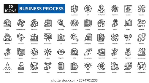 Business Process line icon collection set. Includes operation, procedure, plan, system, change, development, machine, action, method