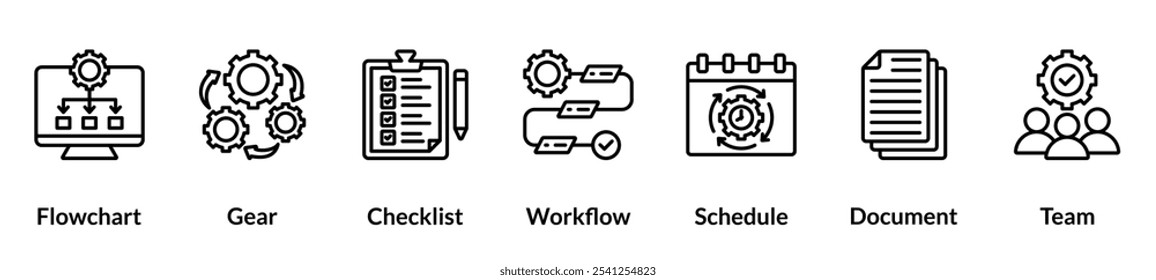 Business Process line icon set. Flowchart , Gear, Checklist, Workflow, Schedule, Document, Team