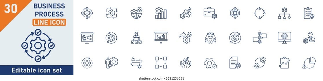 Conjunto de iconos de línea de proceso de negocio. Conjunto de 30 iconos de esquema relacionados con el proceso de negocio, progreso, estrategia, análisis, planificación, gestión, mejora y otros. Trazo editable. Ilustración vectorial.