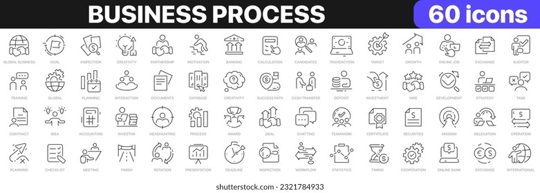 Business process line icons collection. Global business, finance, startup, goal, meeting icons. UI icon set. Thin outline icons pack. Vector illustration EPS10