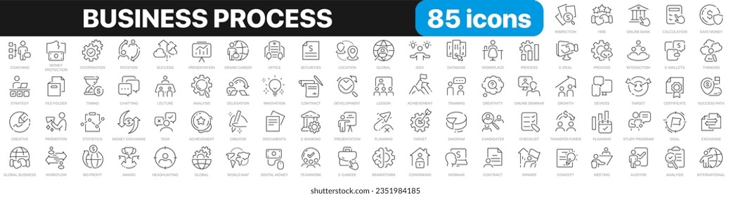 Business process line icons collection. Global business, finance, startup, goal, meeting icons. UI icon set. Thin outline icons pack. Vector illustration EPS10