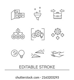 Conjunto de iconos de línea de procesos empresariales. Compartir ideas y estrategias a los asociados. Inicio rentable. ... Conceptos de economía. Ilustraciones vectoriales aisladas. Trazo editable