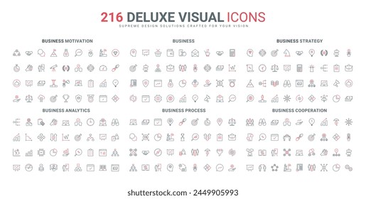 Business process line icons set. Company contract and search for global trends, direction for development and production, employee team structure thin black and red outline symbols vector illustration