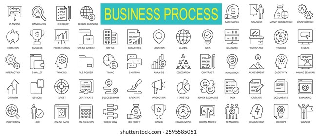 Business Process Line Icons set – Strategy, Finance, and Workflow Management