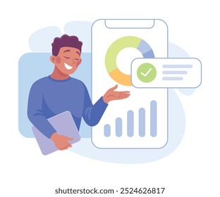 Processo de negócios com Man Busy com Analytics Vetor Illustration