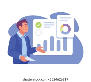 Processo de negócios com Man Busy com Analytics Vetor Illustration