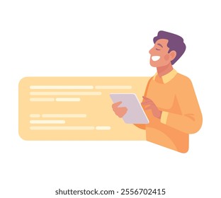 Business Process with Man Busy with Analytics Vector Illustration