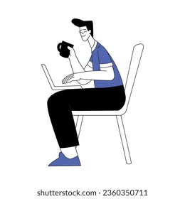 Business Process with Man Character with Coffee Working at Laptop Vector Illustration