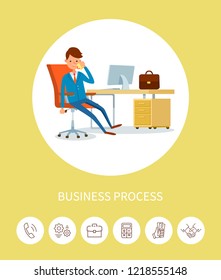 Business process, man director talking on phone vector. Leader in office working, discussing project customers. Manager with cell, businessman at work