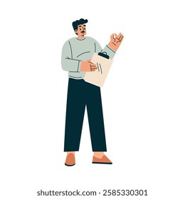 Business Process with Man Standing with Clipboard Vector Illustration