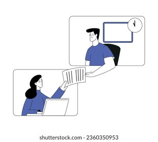 Business Process with Man and Woman Character in Web Window Share Paper Document Vector Illustration