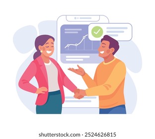 Business Process with Man and Woman Handshake Ocupado com Ilustração de Vetor Analítico