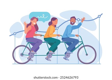 Business Process with Man and Woman Ride Bicycle Together Vector Illustration