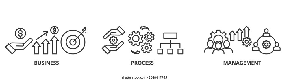 Business Process Management (bpm) Banner, Vektorgrafik-Konzept mit Symbolen für Business, Process und Management