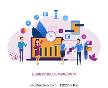 Business Process Management. Comprehensive Monitoring, Analysis Of Processes, Use Of Case Tools. Market Research, Team Management, Automation, Analysis Of Processes In CRM. Vector Illustration.