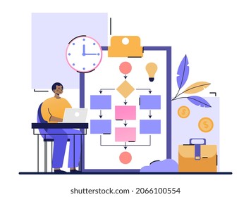 Business process management concept. Man sitting at laptop and analyzing scheme of work on project. Automation and optimization of business system. Employee in office. Cartoon flat vector illustration