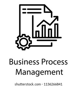 Business process management icon is denoted by using bar graph a progress arrow and cogwheel 