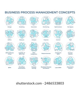 Business process management soft blue concept icons. BPM system. Quality management. Lean business. Process automation. Icon pack. Vector images. Round shape illustrations. Abstract idea