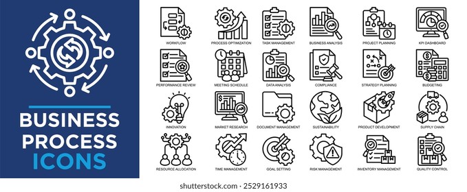 negocio, proceso, gestión, estrategia, conjunto de iconos de tecnología. Colección de iconos de contorno. Ilustración vectorial simple