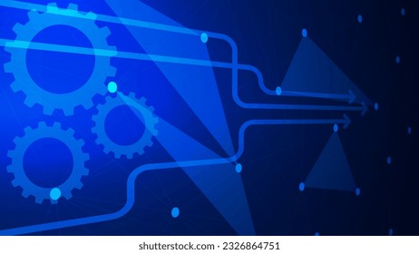 Business process management system concept with gears, arrow and plexus on dark blue background. Vector illustration.