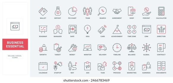 Business process, marketing tools, startup idea line icons set. Agreement and contract, bank deposit percentage, timeline and way to growth thin black and red outline symbols vector illustration
