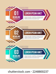 Business process modern design. Timeline infographics with 3 steps, hexagons. Vector chart can be used for workflow layout, diagram, website, corporate report, advertising, marketing.