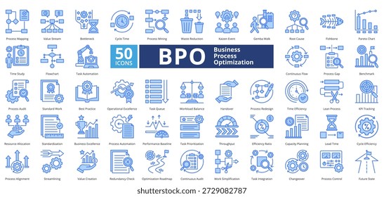 Optimización de procesos de negocio azul contiene 50 iconos que incluyen mapeo de procesos, flujo de valor, cuello de botella, tiempo de ciclo, minería de procesos, reducción de residuos, evento kaizen, paseo gemba, Vector simple
