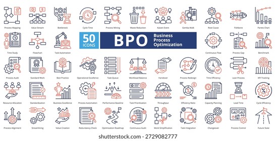 Business Process Optimization dual tone contiene 50 iconos que incluyen la causa raíz, espina de pescado, diagrama de Pareto, estudio de tiempo, diagrama de flujo, automatización de tareas, flujo continuo, brecha de proceso, punto de referencia, Vector simple