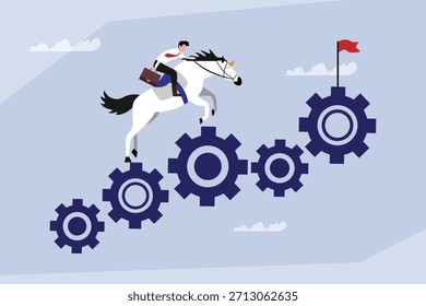 Optimización de procesos de negocios y logro de objetivos, hombre montando unicornio saltando engranajes entrelazados Ilustración vectorial plana 2d