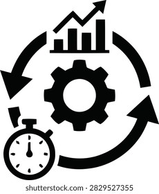 Business process optimization icon with a gear, a rising bar chart, and a stopwatch, representing efficiency, productivity, and continuous improvement.