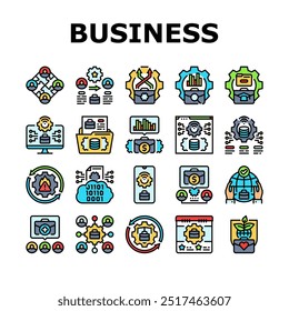 business process optimization icons set vector. automation efficiency, strategy innovation, management analysis, improvement business process optimization color line illustrations
