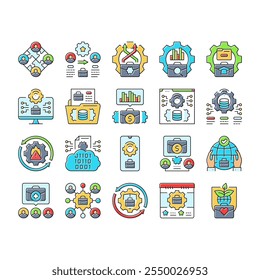 business process optimization icons set vector. automation efficiency, strategy innovation, management analysis, improvement business process optimization color line illustrations