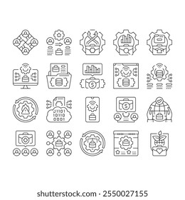 otimização de processos de negócios ícones definir vetor. eficiência de automação, inovação de estratégia, análise de gerenciamento, melhoria otimização de processos de negócios ilustrações contorno preto