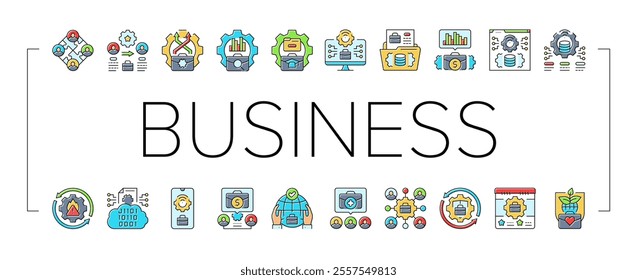 business process optimization icons set vector. automation efficiency, strategy innovation, management analysis, improvement business process optimization color line illustrations