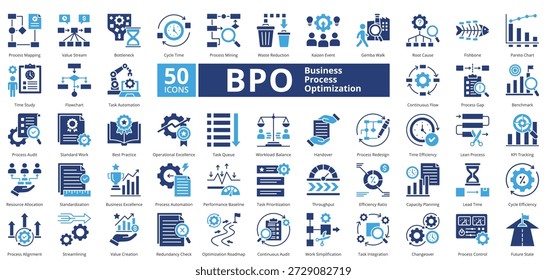 Business Process Optimization two tone contains 50 icons including process mapping, value stream, bottleneck, cycle time, process mining, waste reduction, kaizen event, gemba walk, simple vector