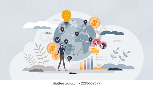 Business process outsourcing as effective distant work tiny person concept. Global employee network for BPO company strategy vector illustration. International recruitment organization and management