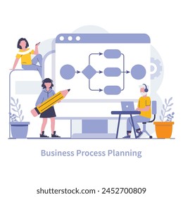 Business process planning concept. Executives strategizing for streamlined operations. Crafting efficient workflow diagrams for cost-effective solutions. Focus on operational excellence.