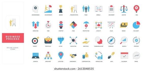 Business process, progress in communication and goal achievement, production growth color icon set. Organization of team and office documents, startup, partnership planning flat vector illustration
