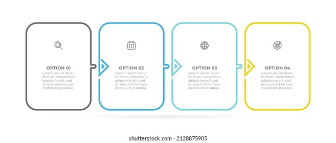 Business process. Rectangle elements design with arrow and marketing icons. Vector infographic with 4 options or steps.