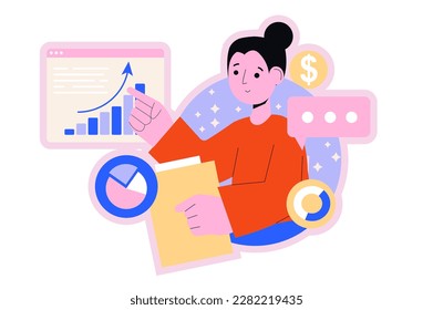 Concepto de redondeo de procesos de negocio con la escena de personas en el diseño de caricaturas planas. El analista empresarial supervisa el crecimiento y la disminución de algunos indicadores de las empresas. Ilustración vectorial.