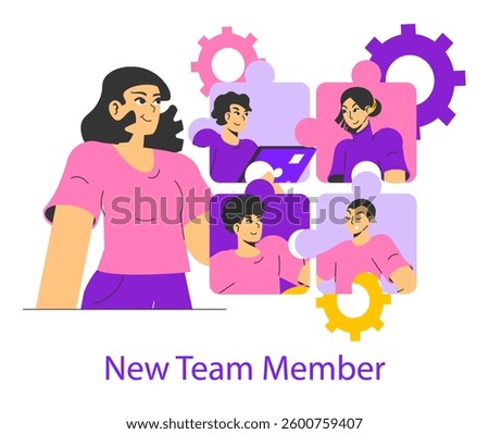 Business process scaling illustration featuring a new team member engaged with colleagues. Emphasizing collaboration and teamwork in a vibrant office environment. Promoting efficient integration and