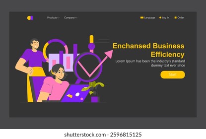Business process scaling illustration. Focus on enhancing productivity and efficiency through teamwork and technology. Visual elements include charts, time management tools, and collaboration. Vector