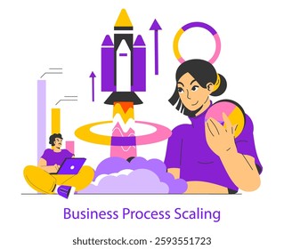 Business process scaling illustration. It highlights the journey of enhancing operational efficiency through strategic growth and innovative solutions. Visualizes technological advancement and