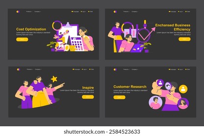 Business process scaling illustration showing effective strategies for optimizing costs and enhancing efficiency. Engaging methods for inspiring teamwork and conducting customer research. Vector