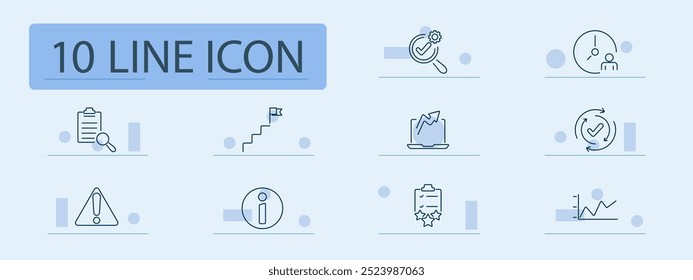 Icono de conjunto de procesos de negocio. Aprobación, gestión del tiempo, éxito, alerta, crecimiento, informe, objetivo, advertencia, información, análisis, verificación, logro, progreso, revisión, rendimiento, pasos.