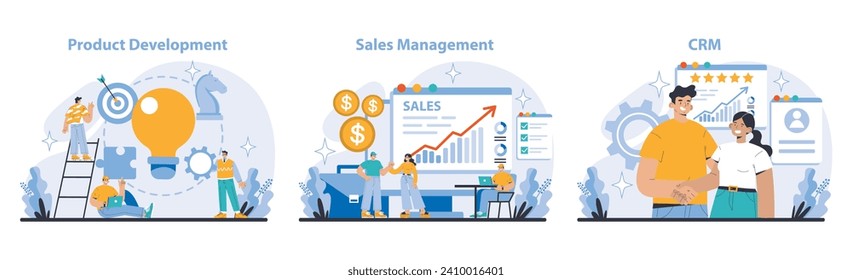 Business Process set. Innovations in product development. Dynamics of sales management. Effective CRM implementation. Capturing workplace synergy and productivity. Flat vector illustration.