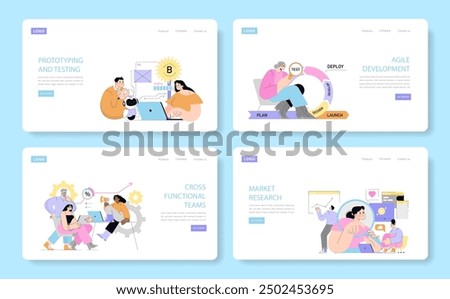 Business Process set. Web pages illustrating prototyping, agile development, cross-functional teams, and market research. Office teamwork in innovation. Vector illustration.