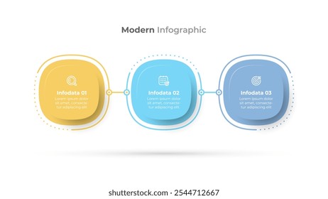 Processo de negócios com modelo infográfico elegante e moderno de 3 etapas. Ilustração vetorial. Ideal para relatórios corporativos, materiais de marketing e apresentações comerciais.
