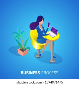 Business Process Square Banner. Young Office Woman in Elegant Formal Suit Sitting at Table with Smartphone in Hands and Working on Laptop on Blue Gradient Background. 3D Isometric Vector Illustration